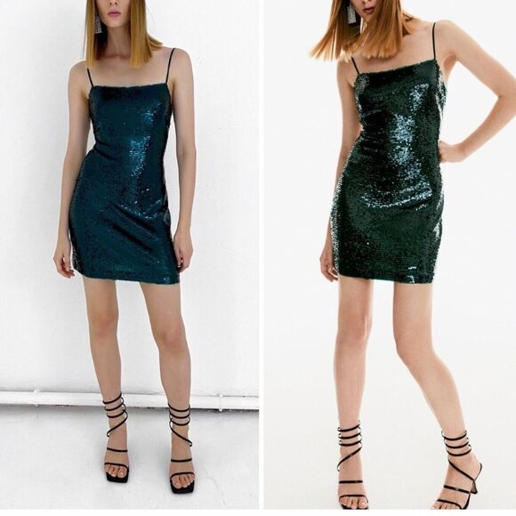 ZARA Green Sequin Lace-up Mini Dress Size S - Picture 5 of 11